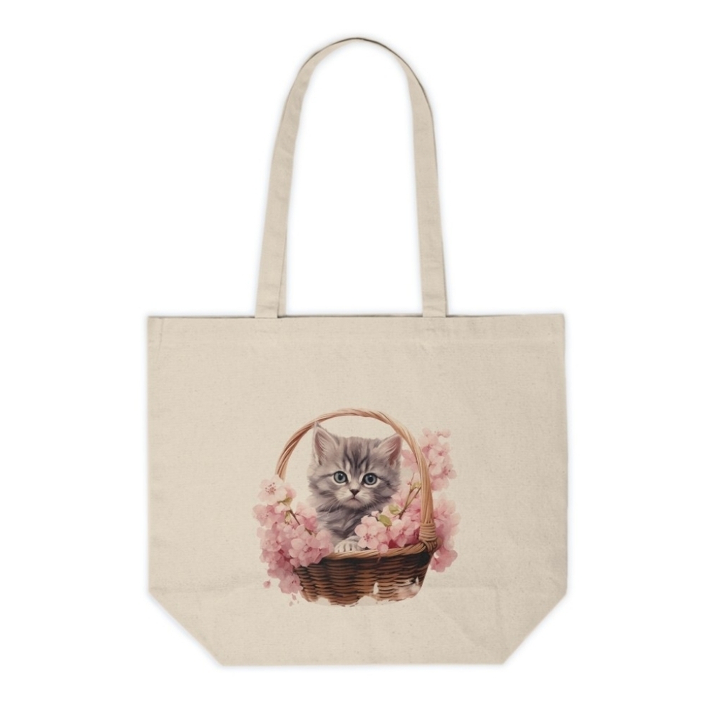 Floral Cat in a Basket Custom Canvas Tote Bag